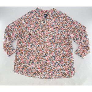 Lands' End Plus Size 100% Linen Button Front Floral Roll Tab Tunic Blouse‎ 1x